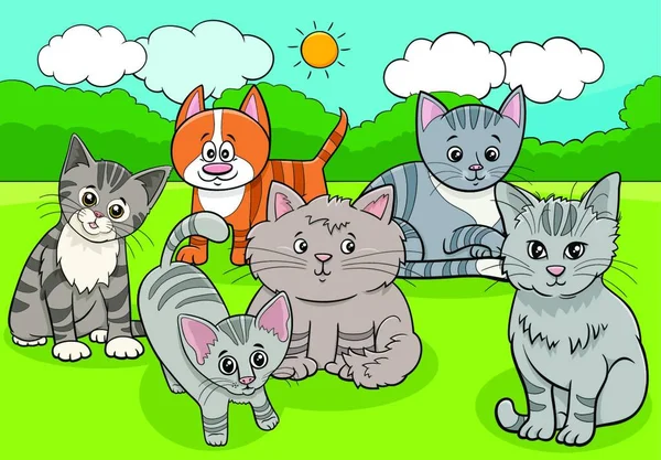 Kedi Kedi Yavrularının Çizgi Film Çizimi Komik Hayvan Karakterleri Grubu — Stok Vektör