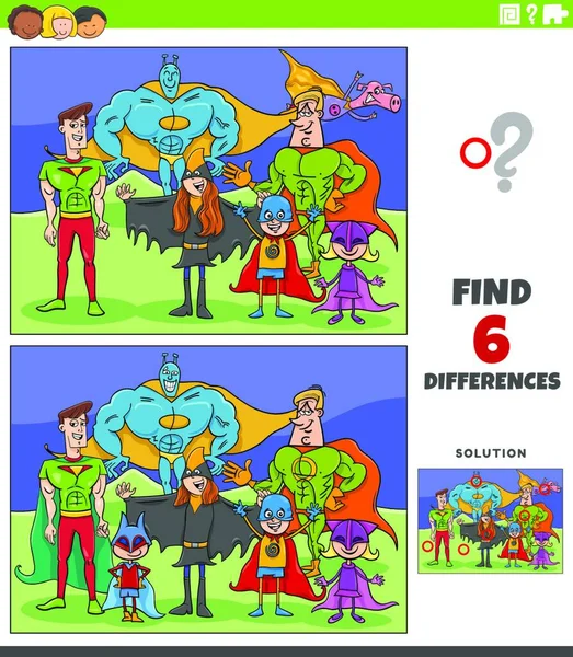 卡通画图解揭示了具有滑稽超级英雄人物的儿童图教游戏的差异 — 图库矢量图片