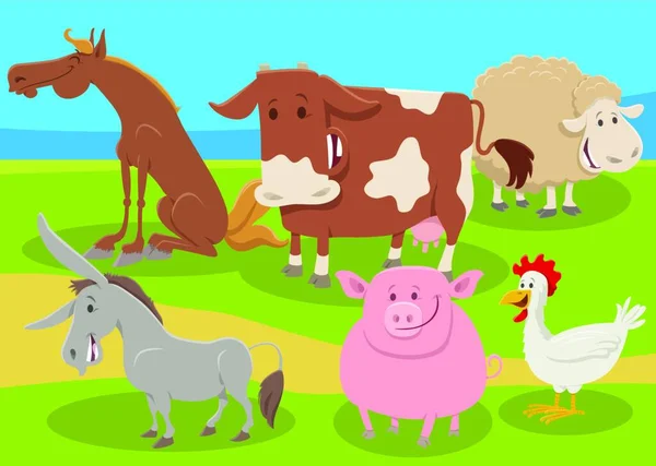 Desenhos Animados Ilustração Feliz Grupo Personagens Animais Fazenda Campo — Vetor de Stock