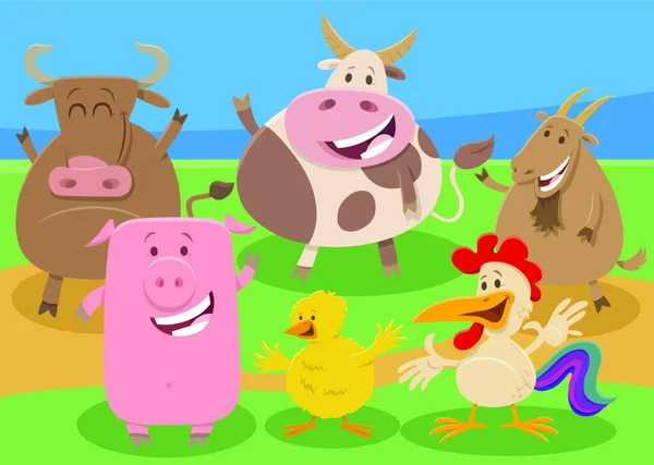 Desenhos Animados Ilustração Grupo Personagens Quadrinhos Animais Fazenda Campo — Vetor de Stock