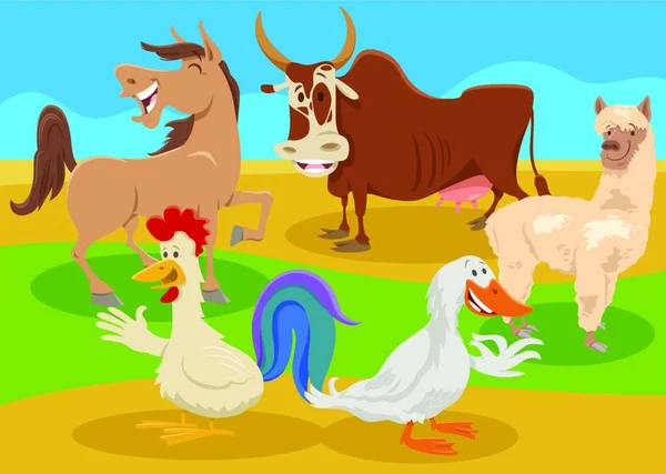 Dibujos Animados Ilustración Animales Granja Divertido Grupo Personajes Campo — Vector de stock