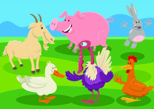 田舎の幸せな農場動物のキャラクターグループの漫画のイラスト — ストックベクタ