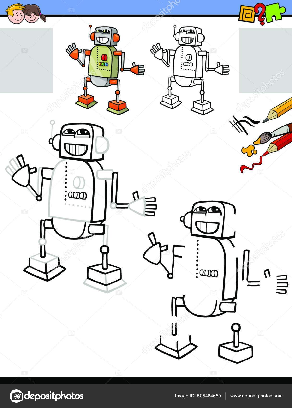 Desenho de cores básicas com conjunto de personagens de robôs para colorir