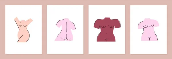 Conjunto Plantillas Portada Con Diferentes Cuerpos Femeninos Desnudos Cuerpo Positivo — Archivo Imágenes Vectoriales
