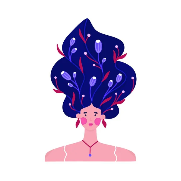 Πορτρέτο Του Κοριτσιού Υψωμένα Κυματιστά Μαλλιά Διακοσμημένα Πολλά Λουλούδια Φλοράλ — Διανυσματικό Αρχείο
