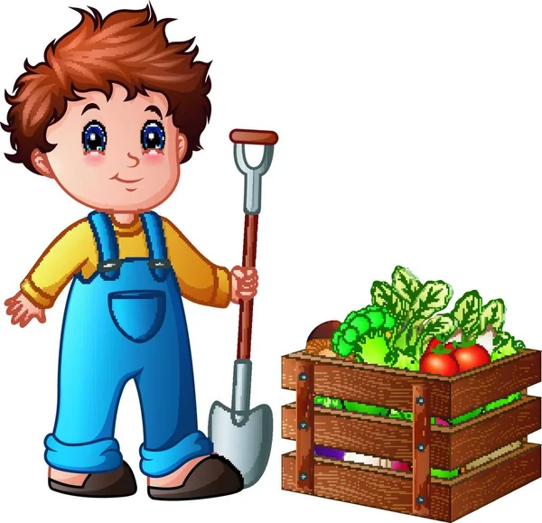 Vectorillustratie Van Boy Boer Holding Schop Met Groenten Een Houten — Stockvector