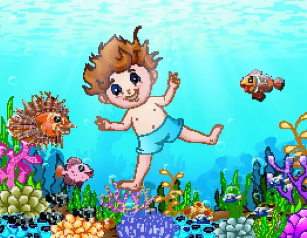 海でのダイビングの小さな男の子のベクトル イラスト — ストックベクタ