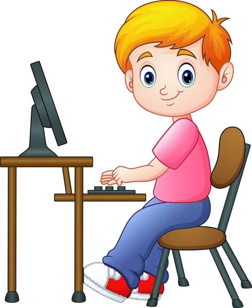 Vector Illustration Little Boy Working Computer — Stock Vector