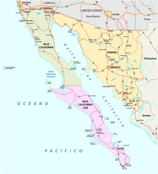 墨西哥索奥拉州 下加利福尼亚州和南下加利福尼亚州的路线图 — 图库矢量图片