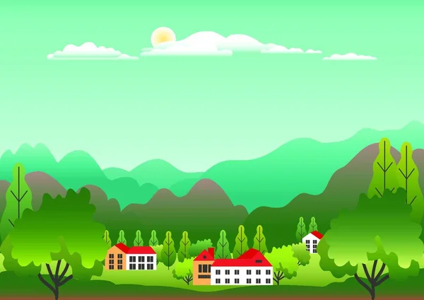 丘陵和山脉景观与房子农场在平面风格设计 森林在山谷插图 蓝天和阳光 农村位置 卡通矢量背景 — 图库矢量图片