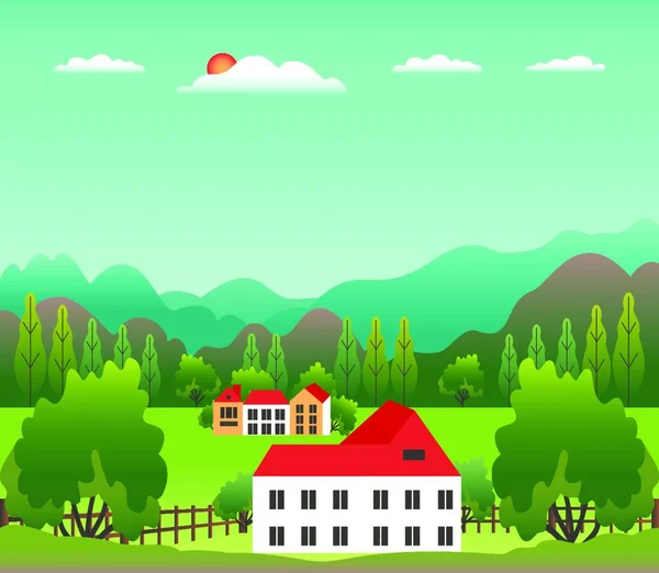 Collines Montagnes Paysage Avec Ferme Maison Dans Style Plat Illustration — Image vectorielle