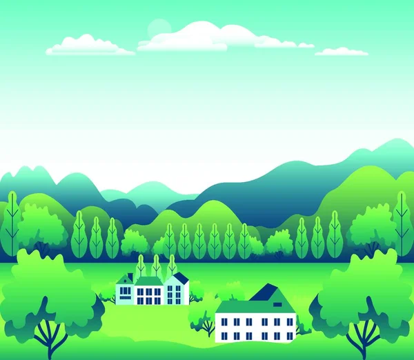 Collines Montagnes Paysage Avec Ferme Maison Dans Style Plat Illustration — Image vectorielle