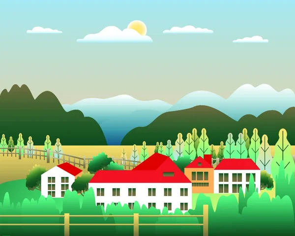 丘陵和山脉景观与房子农场在平面风格设计 森林在山谷插图 蓝天和阳光 农村位置 卡通矢量背景 — 图库矢量图片