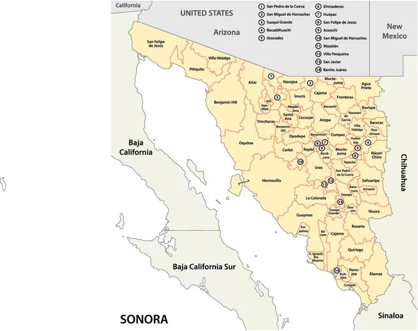 Bestuurlijke Politieke Kaart Van Mexicaanse Staat Sonora Spaanse Taal — Stockvector