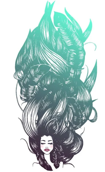 Векторная Красивая Женщина Длинными Волосами Перьями — стоковый вектор