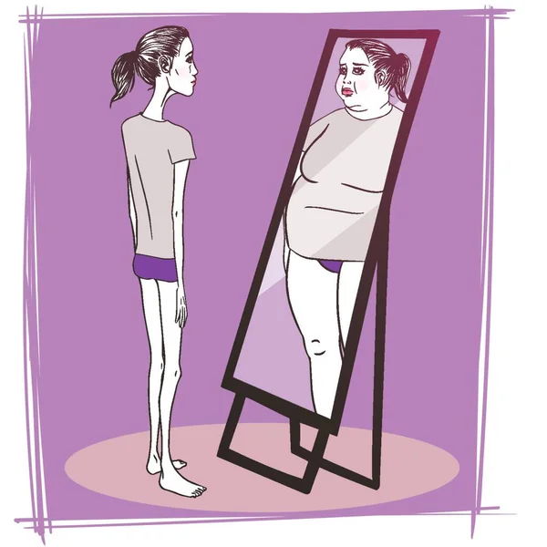Mujer Joven Que Sufre Anorexia Mirando Espejo — Vector de stock