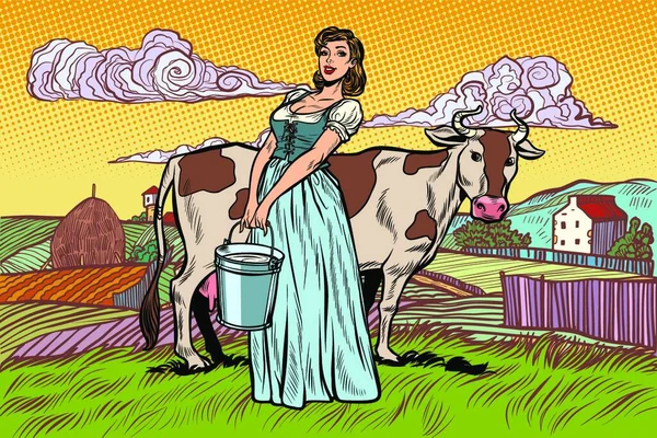 Femme Village Avec Seau Lait Vache Paysage Agricole Pop Art — Image vectorielle