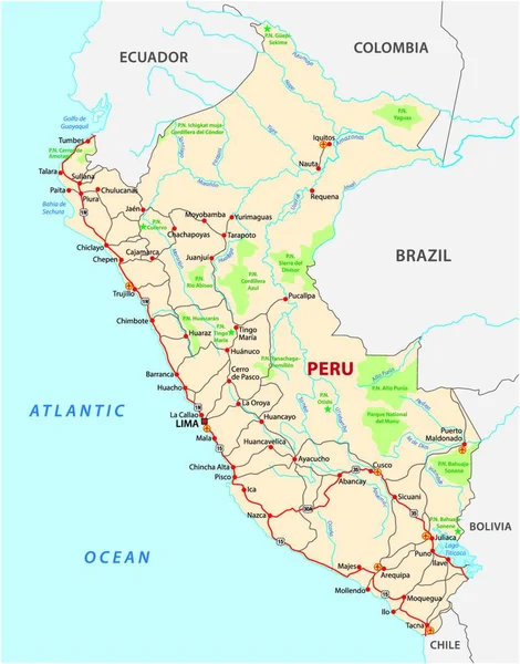 Peta Jalan Dan Taman Nasional Republik Peru - Stok Vektor