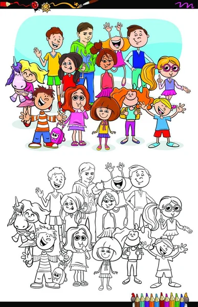 Ilustración Dibujos Animados Niños Adolescentes Personajes Para Colorear Actividad Del — Vector de stock