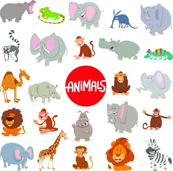 Mutlu Vahşi Hayvan Karakterleri Büyük Set Karikatür Illustration — Stok Vektör