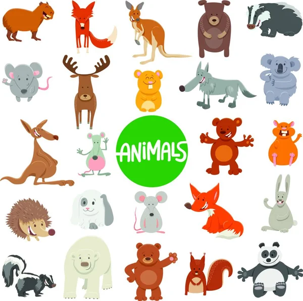Desenhos Animados Ilustração Personagens Animais Selvagens Engraçados Grande Conjunto — Vetor de Stock