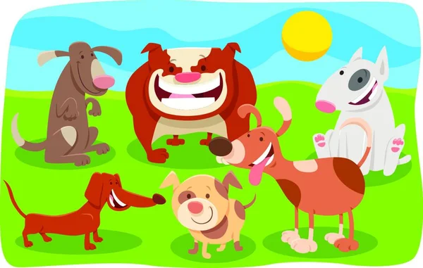 Cartoon Illustration Von Happy Dogs Und Welpen Pet Characters Group — Stockvektor