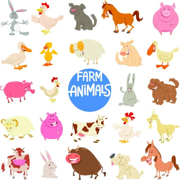 Tecknad Illustration Happy Farm Animal Tecken Stor Uppsättning — Stock vektor