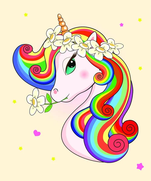 Hermoso Unicornio Con Flores Cabeza Sobre Fondo Beige Cabeza Unicornio — Vector de stock