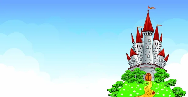 丘の上の漫画の城 古い灰色の城青空と白い雲に対する城のある風景 — ストックベクタ