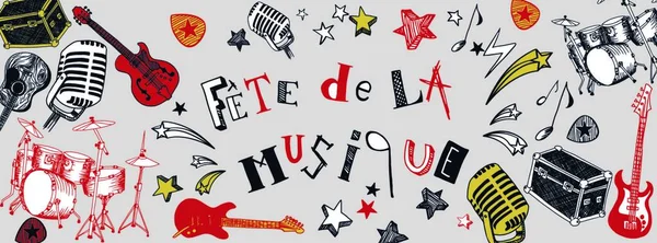 Französisch Musik Festival Instrumente Illustration Doodles Banner — Stockvektor