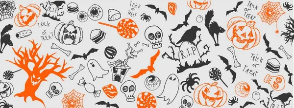 Halloween Divertente Doodles Pieno Vettore Grande Banner — Vettoriale Stock