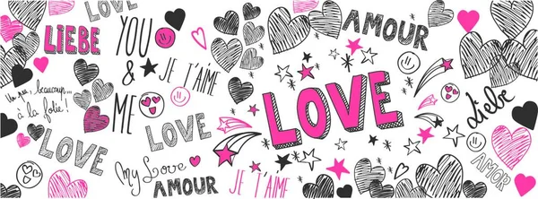 International Love Doodles Full Vector Large Banner — Stock Vector