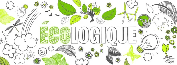 Franse Ecologische Groene Illustraties Doodles Vector Banner — Stockvector