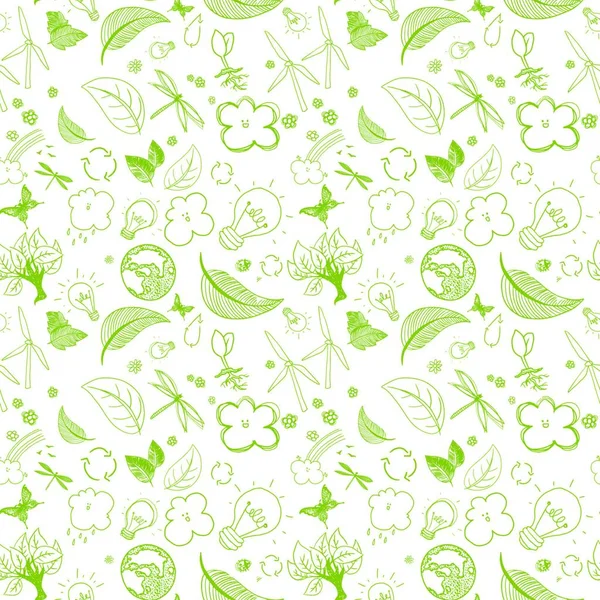 Doodles Verdes Ecológicos Sem Costura Ilustrações Vetoriais Completas — Vetor de Stock