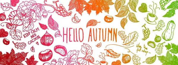 Sweet Autumn Doodles Full Vector Large Banner — Stock Vector