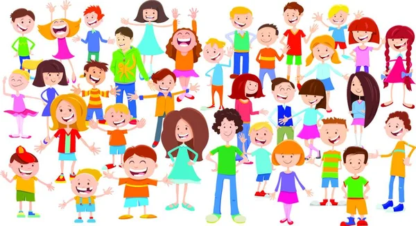 Illustrazione Dei Cartoni Animati Bambini Felici Dell Età Elementare Personaggi — Vettoriale Stock