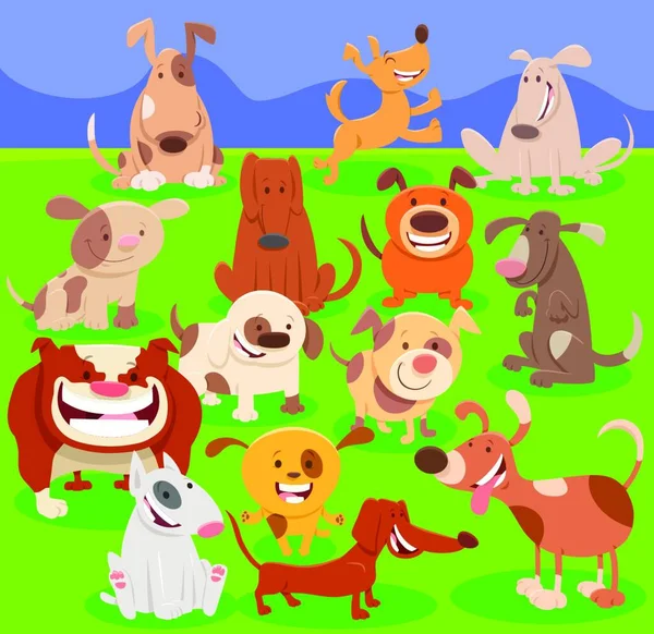 Dibujos Animados Ilustración Perros Divertidos Cachorros Mascotas Personajes Grupo Grande — Archivo Imágenes Vectoriales