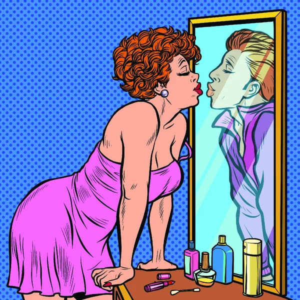 여자는 거울에 꿈키스 레트로 일러스트 레이터 빈티지 그리기 — 스톡 벡터