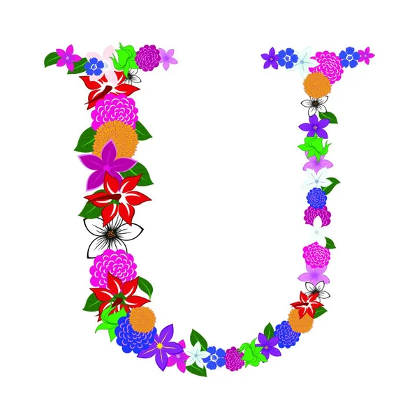Ανθικό Αλφάβητο Λουλούδια Και Φύλλα Εικονογράφηση Διανύσματος — Διανυσματικό Αρχείο