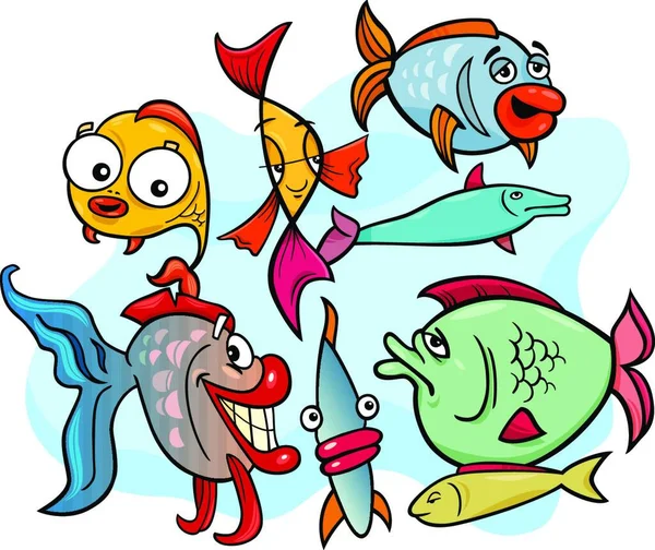 Κινούμενα Σχέδια Εικονογραφήσεις Του Αστεία Fish Ομάδα Χαρακτήρες Θάλασσας — Διανυσματικό Αρχείο