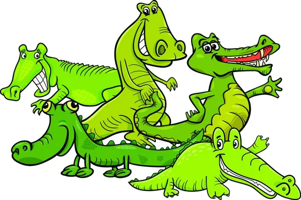 Illustrazione Dei Cartoni Animati Divertenti Coccodrilli Wild Animal Characters Group — Vettoriale Stock