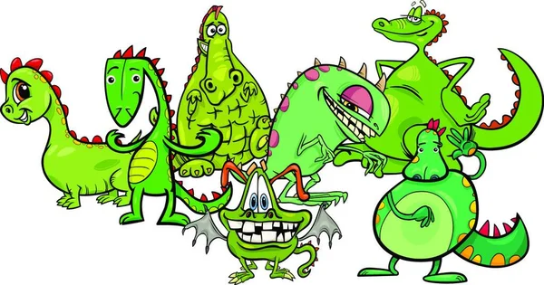 面白いドラゴンズファンタジー生き物キャラクターグループの漫画イラスト — ストックベクタ