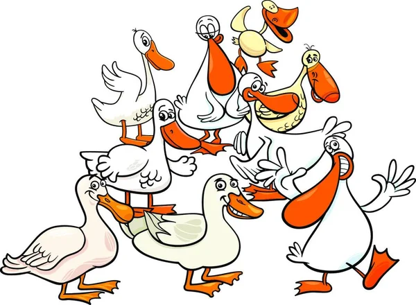 Illustration Dessins Animés Canards Drôles Groupe Personnages Animaux Ferme — Image vectorielle