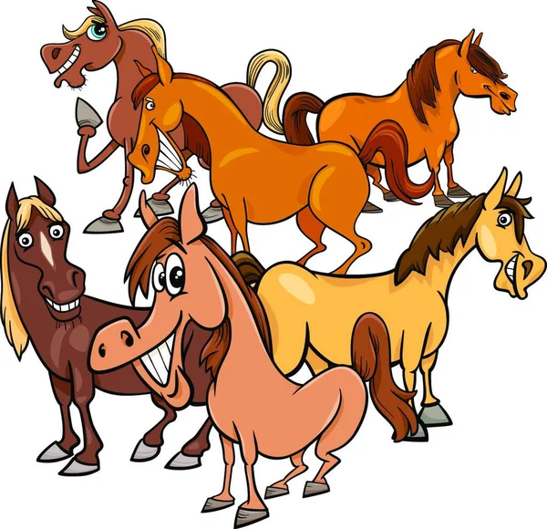 Dibujos Animados Ilustración Divertidos Caballos Granja Animales Personajes Grupo — Vector de stock