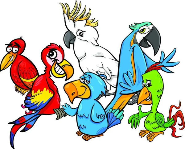 Cartoon Illustration Von Bunten Papageien Vögel Tierfiguren Gruppe — Stockvektor