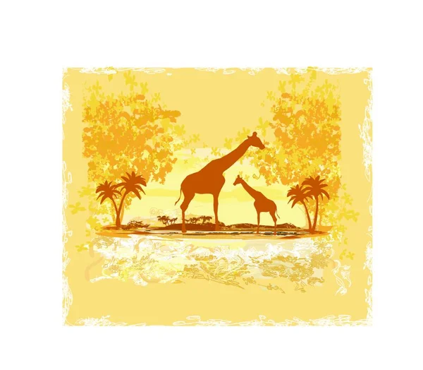 抽象非洲景观与长颈鹿剪影的格鲁格背景 — 图库矢量图片