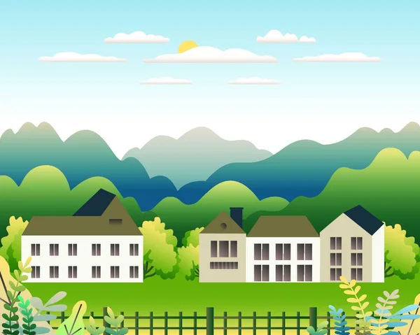 Rural valley Farm countryside. Village landscape with ranch in flat style design. Landscape with house farm family, barn, building, hills, tree, mountains, background cartoon vector illustration