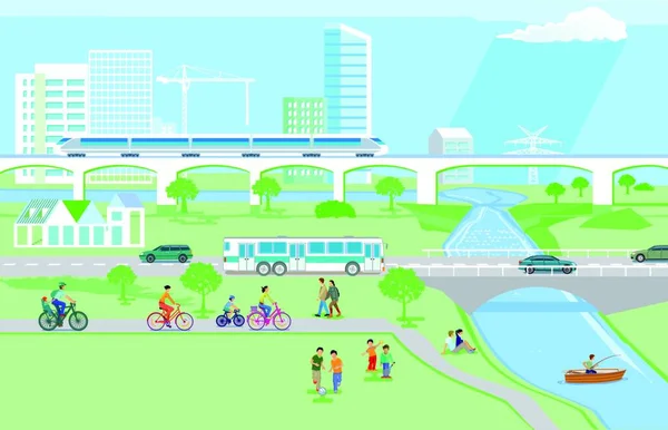 Ilustración Vectorial Una Ciudad Con Bicicleta — Vector de stock
