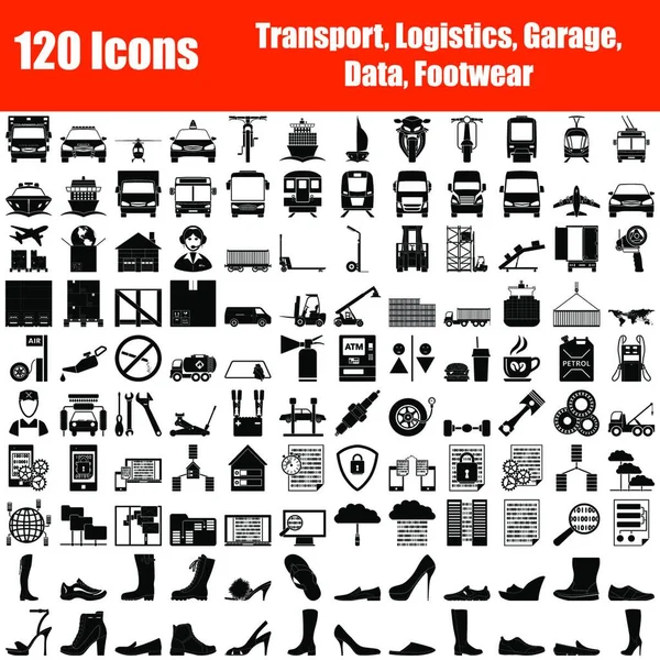 Conjunto 120 Iconos Transporte Logística Garaje Datos Temas Calzado Diseño — Archivo Imágenes Vectoriales