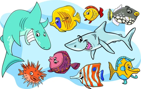 Cartoon Illustrationer Fish Sea Life Marine Animal Teckengrupp — Stock vektor